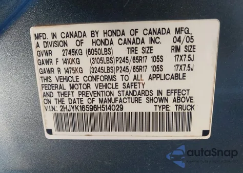 2006 Honda Ridgeline Rtl z USA, uszkodzony, nr VIN 2HJYK16596H514029